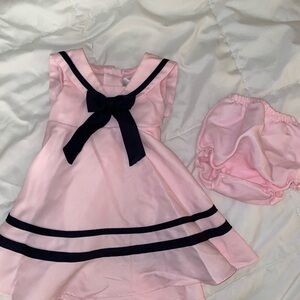 Rare Editions Pink Satin Dress with Navy Logo Accent